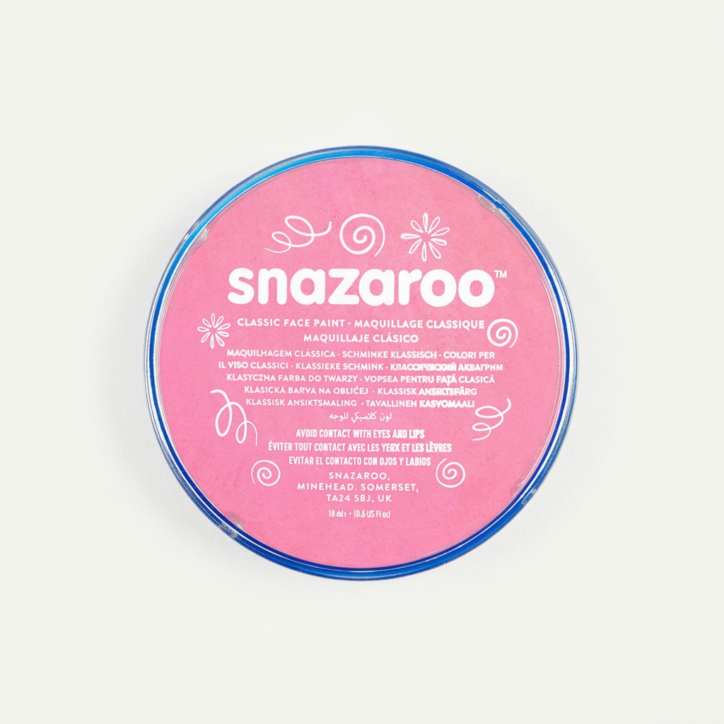 Front label detail of the pink Snazaroo Classic face paint pot on an off-white background