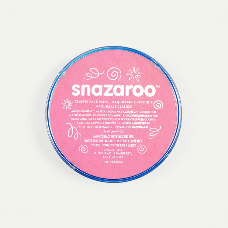 Front label detail of the pink Snazaroo Classic face paint pot on an off-white background