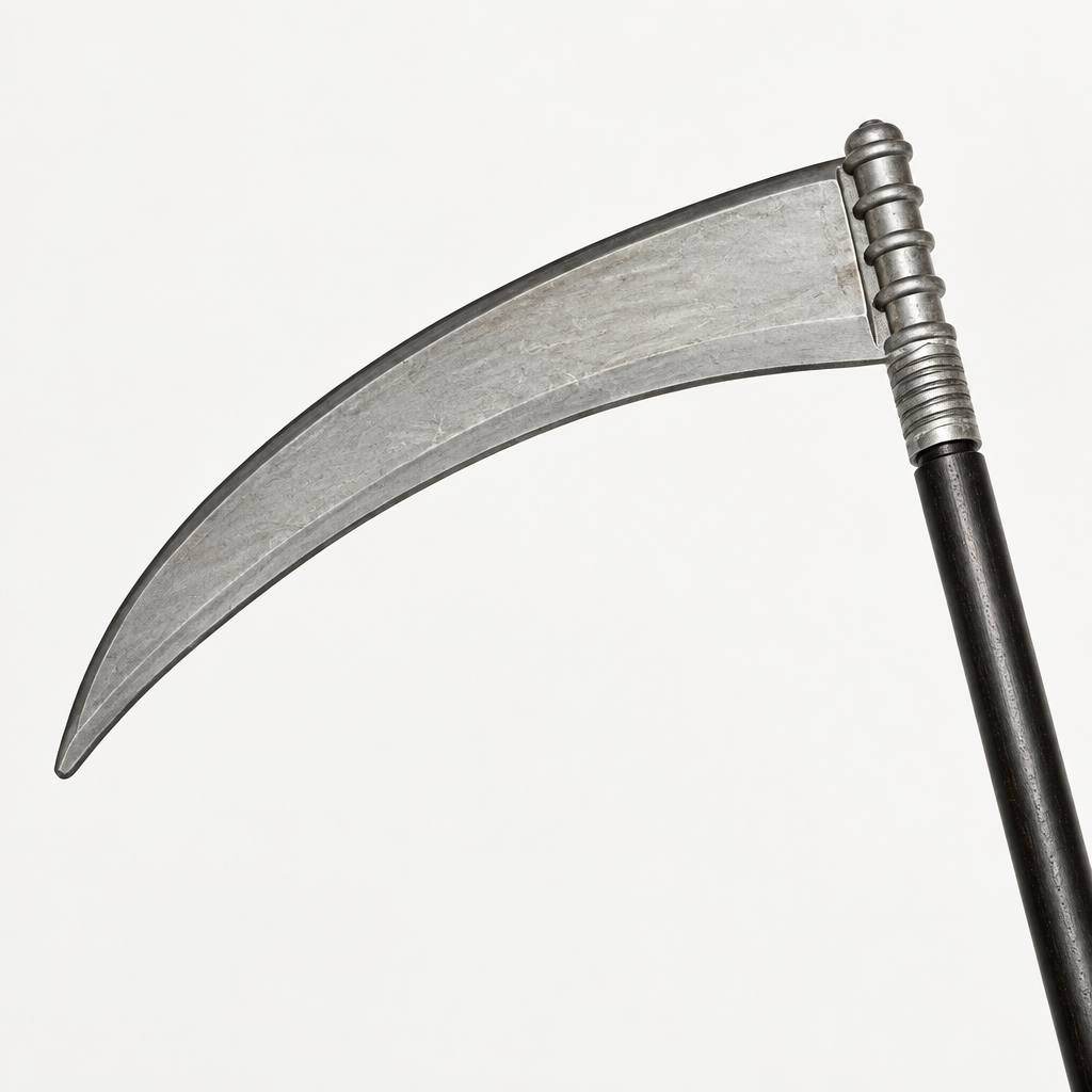 Close-up of curved silver blade and top of black shaft on Grim Reaper scythe