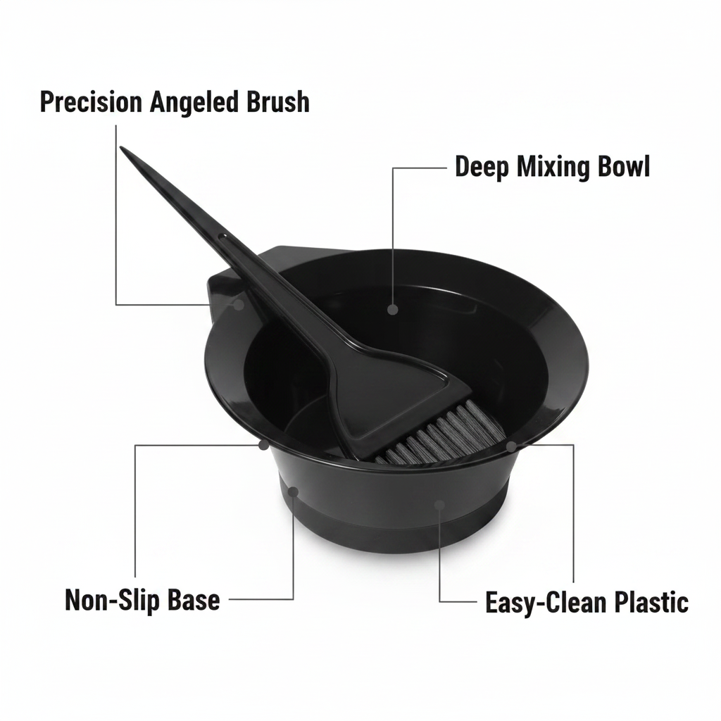 Hair Dye Colouring Brush And Bowl Set Feature Infographic - Precision Brush, Deep Bowl, Non-Slip Base, Easy Clean