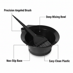 Hair Dye Colouring Brush And Bowl Set Feature Infographic - Precision Brush, Deep Bowl, Non-Slip Base, Easy Clean