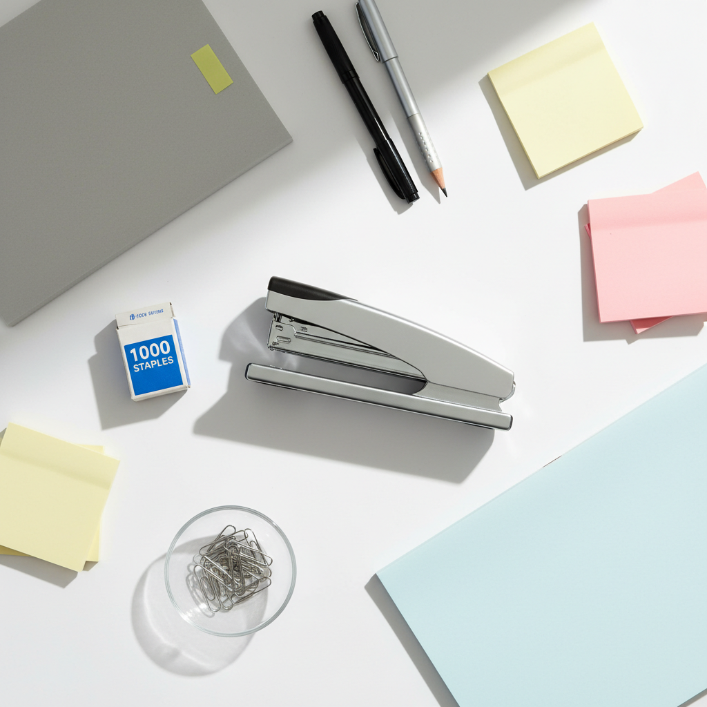 Flat lay of desktop stapler with 1000 staples and office stationery on white desk