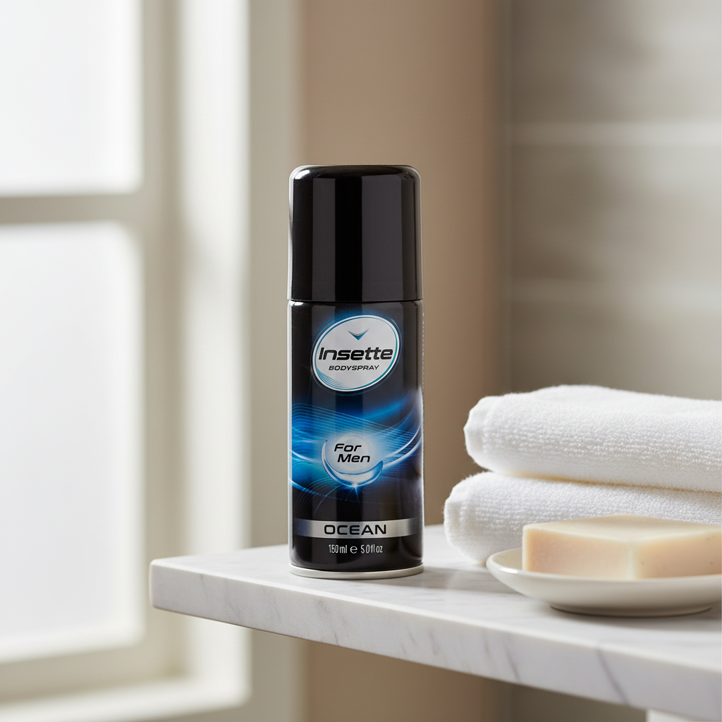 Insette Mens Body Spray Ocean 150ml on a marble bathroom shelf with white towel and soap in natural window light