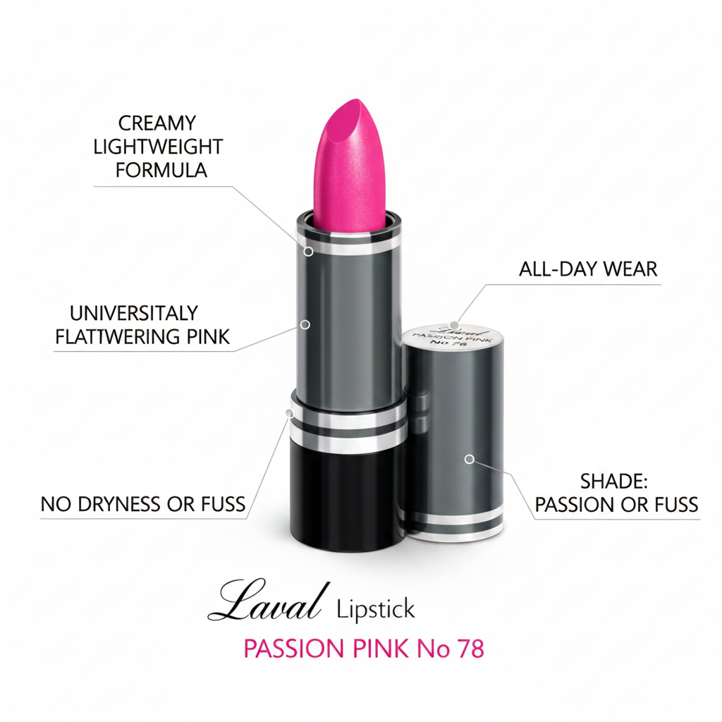 Laval Lipstick Passion Pink 78 premium feature infographic with callout labels on white background