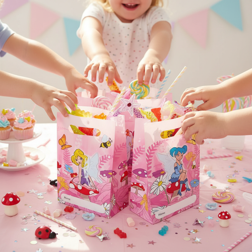 Children excitedly reaching for fairy party bags filled with colorful treats and toys at birthday celebration