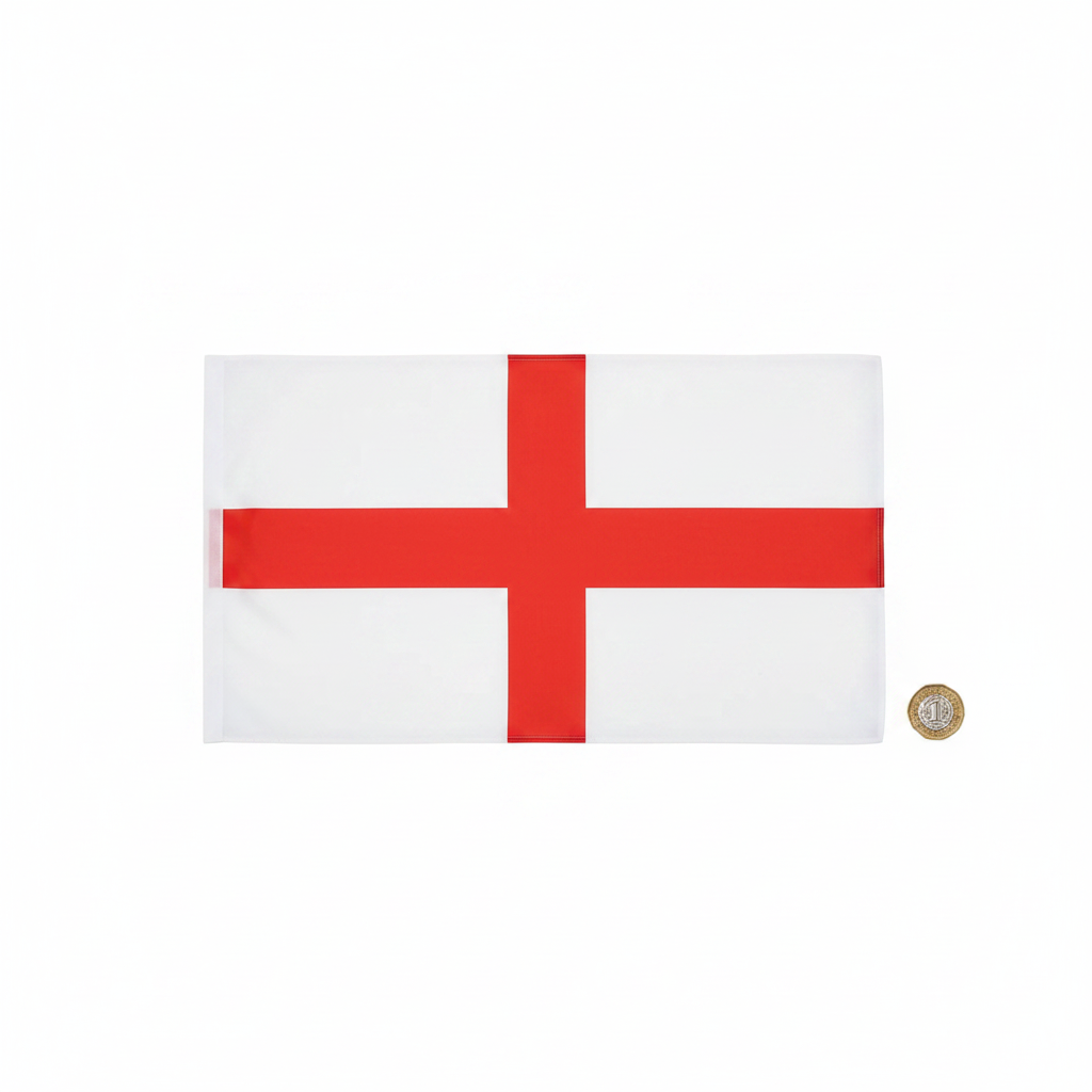 England St George Cross wearable flag flat lay beside £1 coin on white background showing 150cm x 90cm size