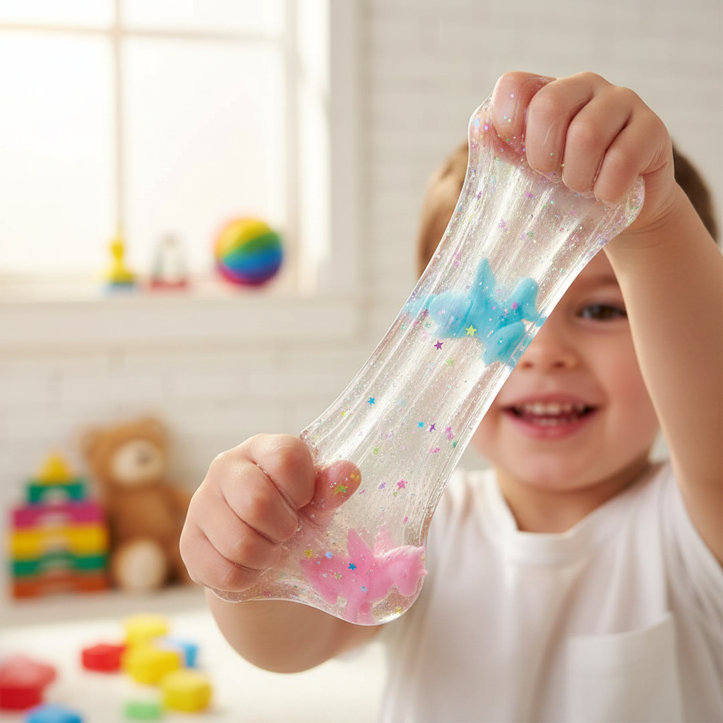 Child playing with clear unicorn slime showing stretchy texture and unicorn details