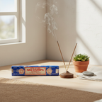 Satya Sai Baba Nag Champa 15g incense box in a serene home meditation corner with burning incense stick, wooden holder, succulent and natural window light
