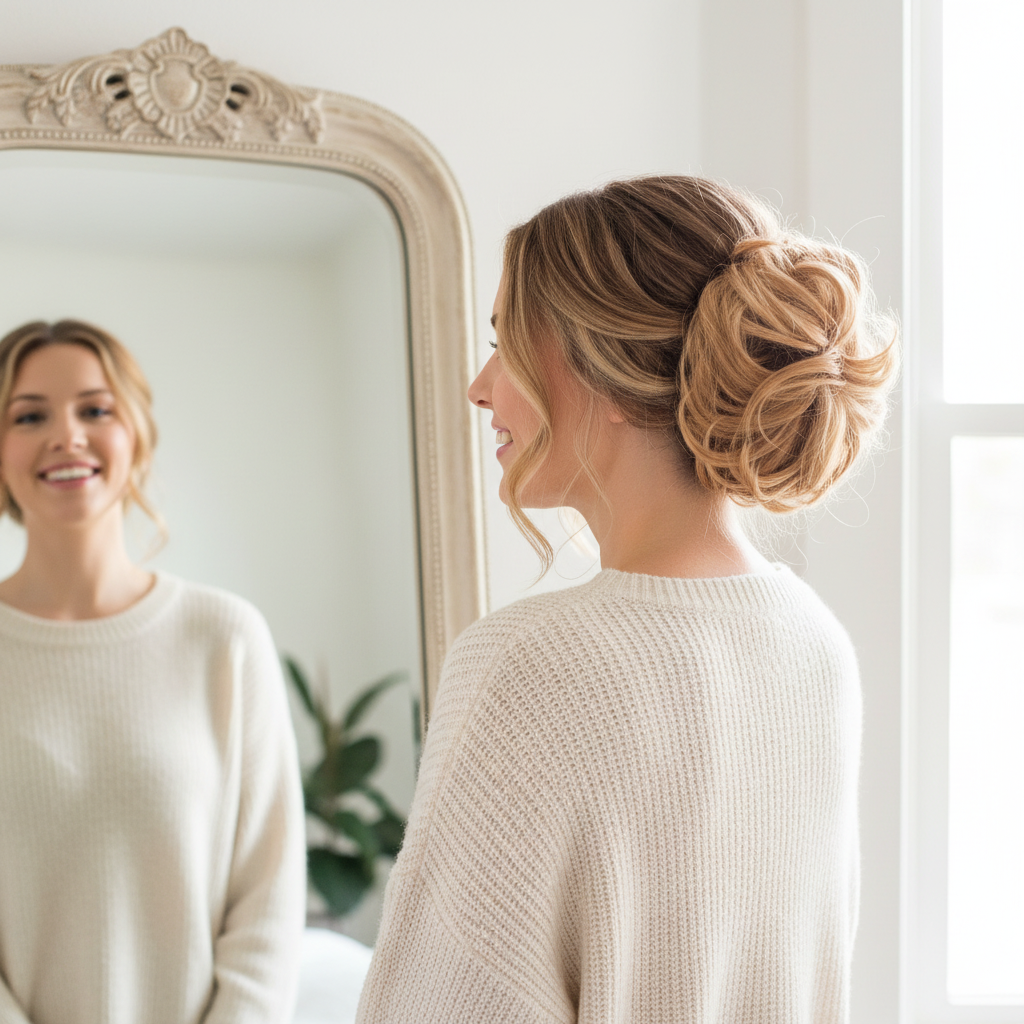 Woman admiring her finished voluminous honey blonde wavy bun updo in mirror — result shot showing Flicky scrunchie hairpiece outcome