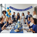 Sophisticated birthday celebration with guests featuring elegant blue and gold foil banner