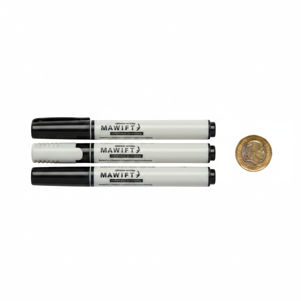 Swift Black Whiteboard Markers 3 Pack flat lay with all 3 markers beside a £1 coin to show size, white background