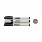 Swift Black Whiteboard Markers 3 Pack flat lay with all 3 markers beside a £1 coin to show size, white background