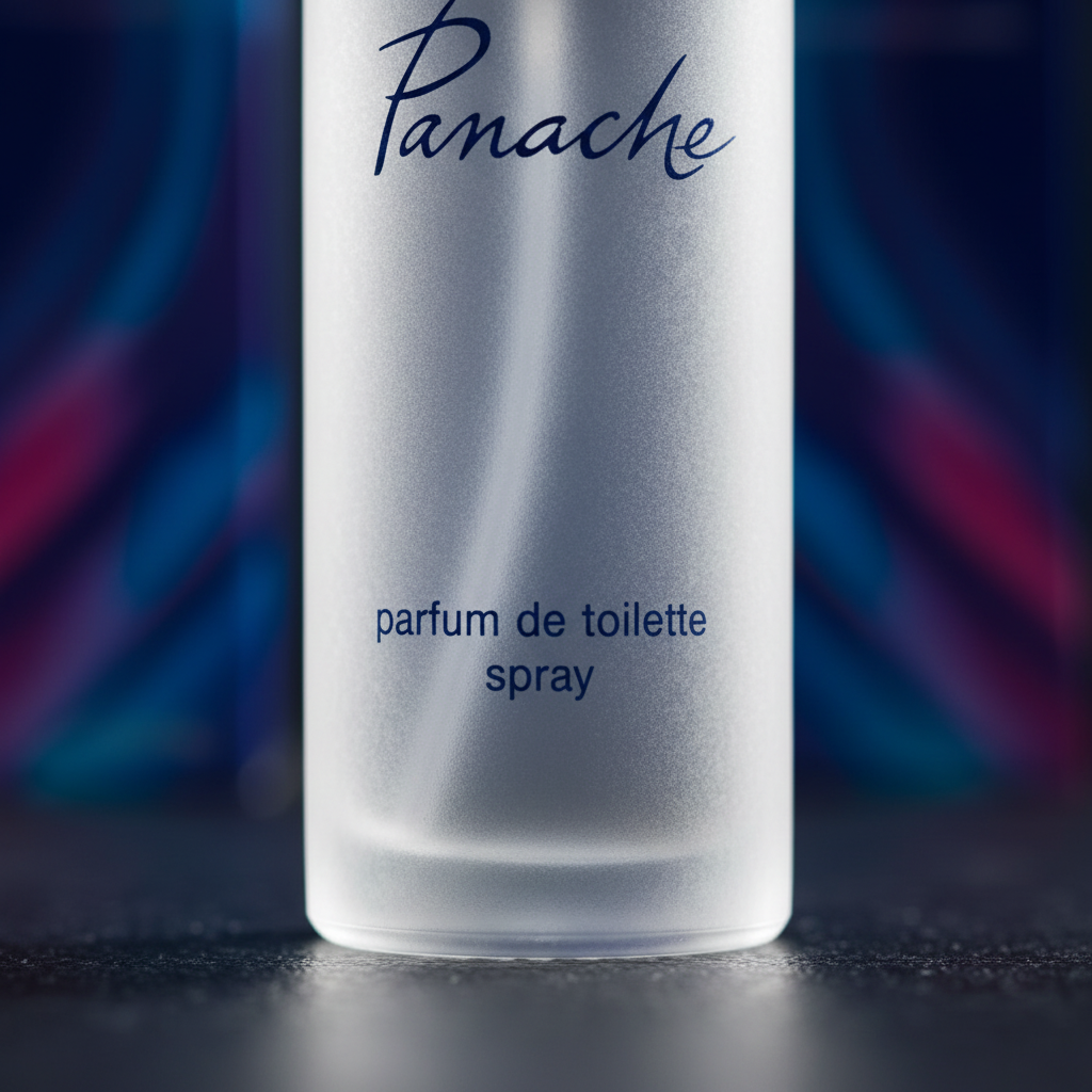 Extreme macro close-up of Panache frosted glass bottle texture and polished metallic silver cap — premium material quality