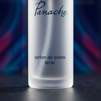 Extreme macro close-up of Panache frosted glass bottle texture and polished metallic silver cap — premium material quality
