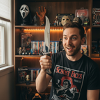 Horror collector displaying 13 inch Ghost Face Scream chrome Bowie knife in collection - lifestyle image