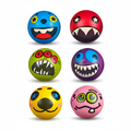 Six monster squishy PU foam stress balls in blue, red, green, purple, yellow and pink on a white studio background
