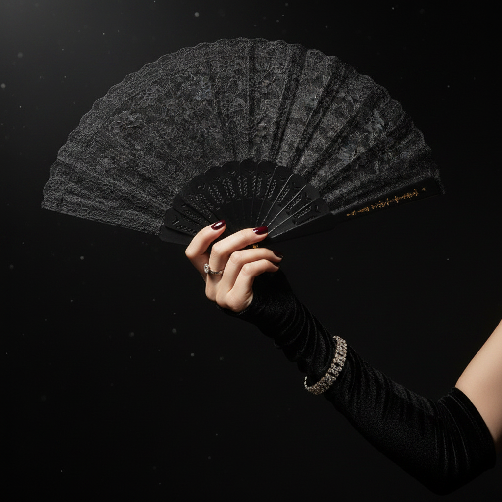Elegant hand holding open black lace fan in glamorous masquerade setting