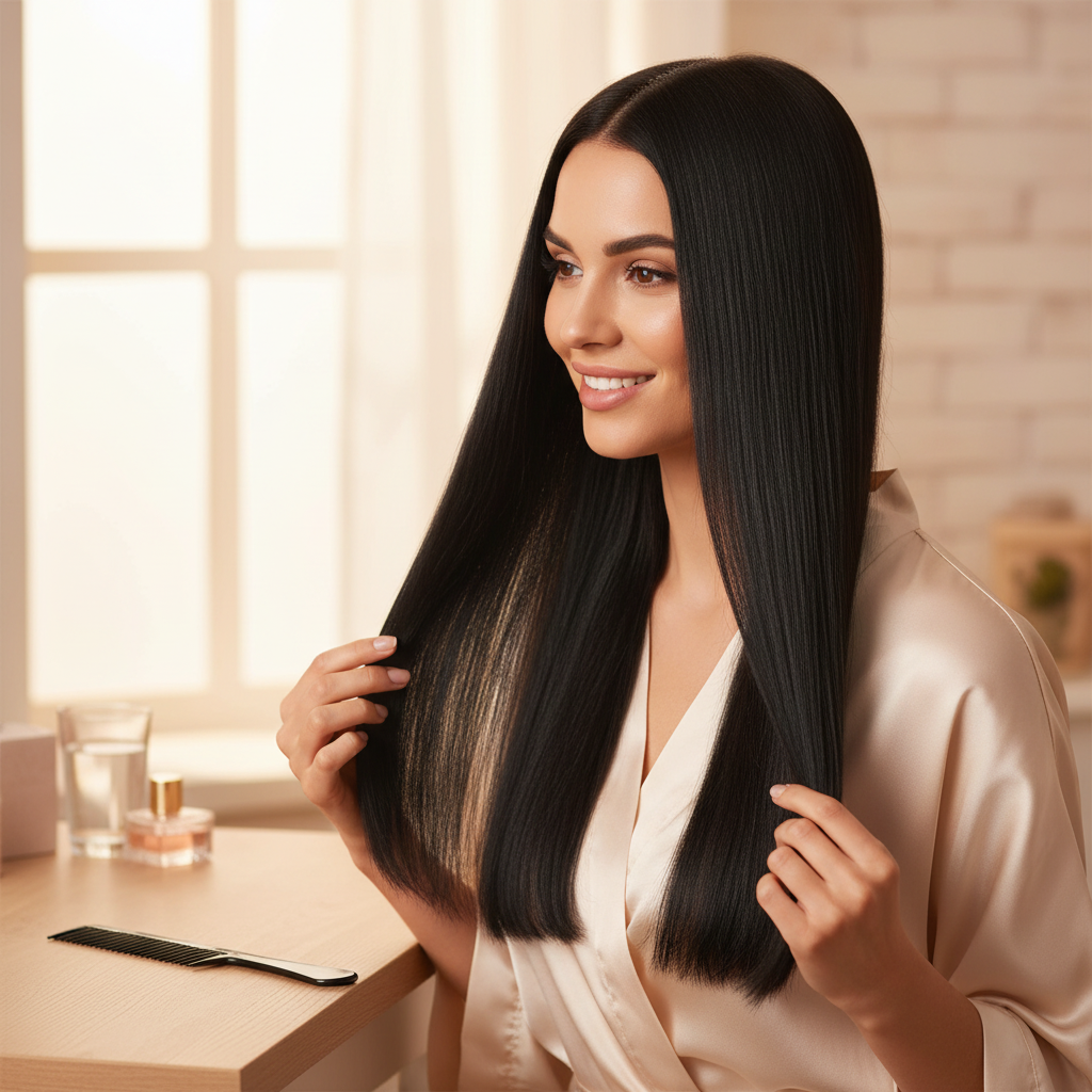 Woman with perfectly styled sleek glossy hair after using professional hair comb set, outcome lifestyle result shot