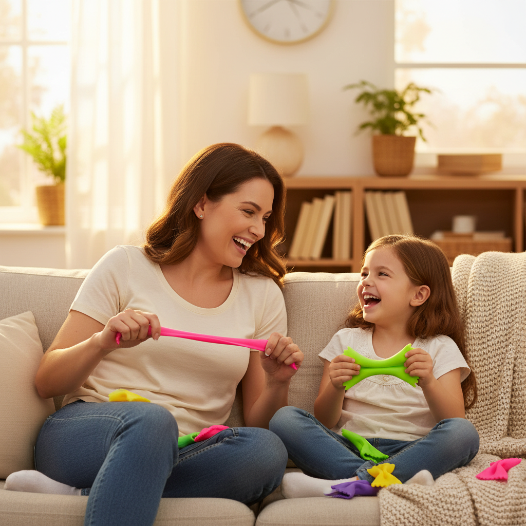 Mum and young daughter sitting on sofa together laughing and playing with neon Scrunchems Stretchy Squeezy Pasta Shapes