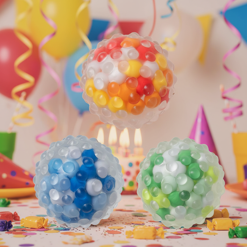 Three Molecule Madness squishy bead stress balls displayed on a colourful kids birthday party table
