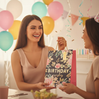 Woman handing a small pink floral birthday gift bag to a friend at a birthday party