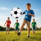 Boys playing with an inflatable football 40cm in a sunny park