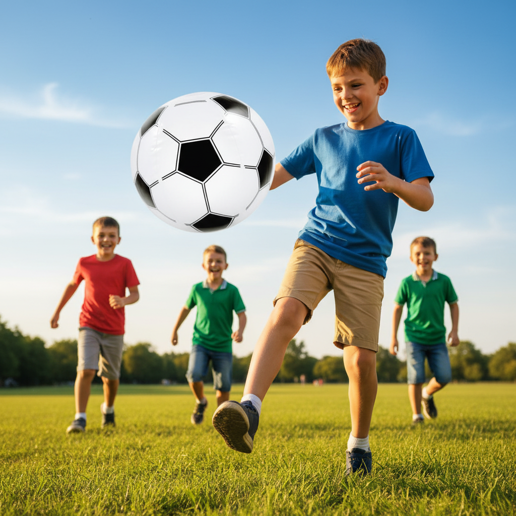 Boys playing with an inflatable football 40cm in a sunny park