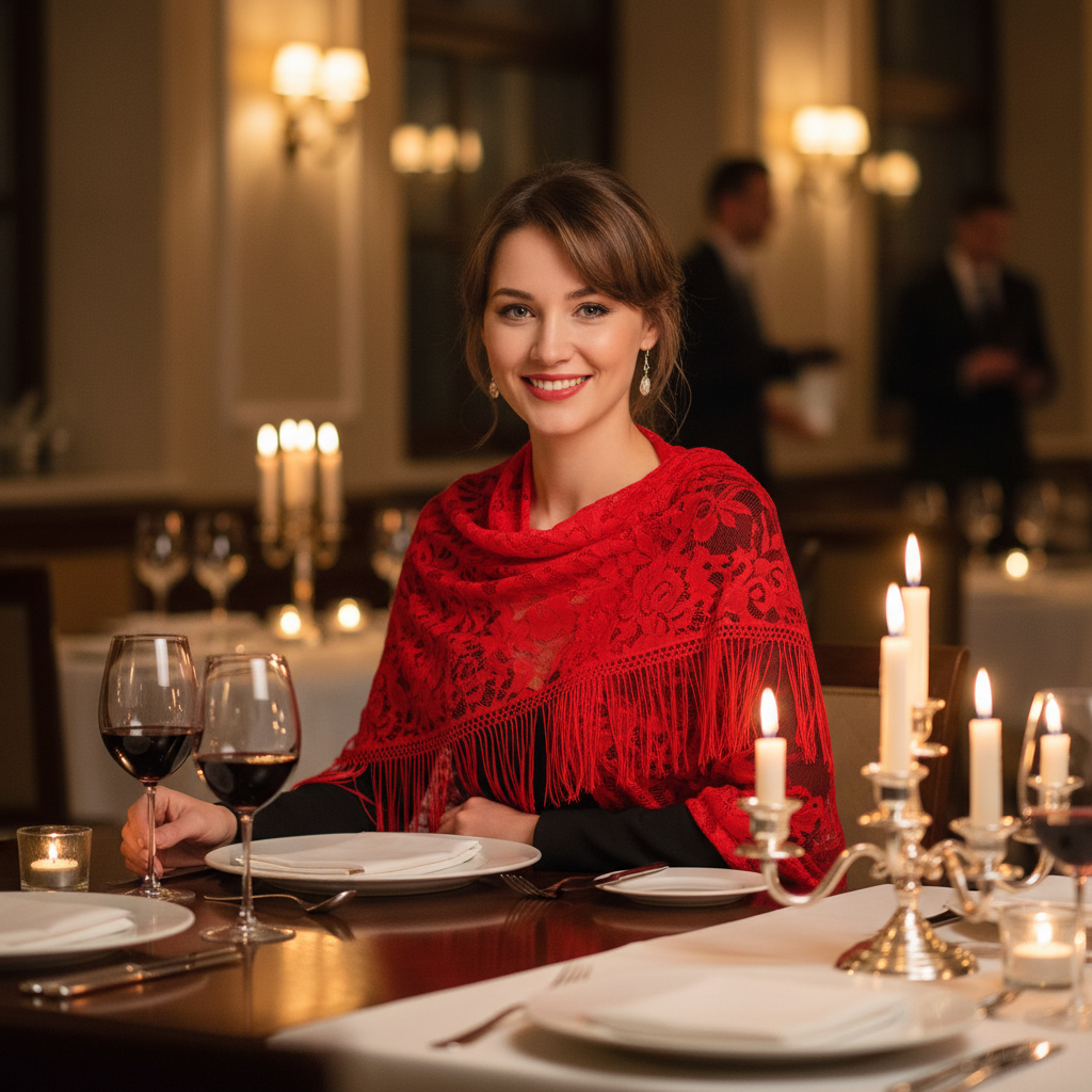 Stylish woman wearing red lace pashmina shawl at romantic candlelit restaurant dinner