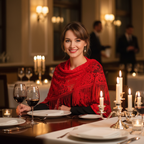 Stylish woman wearing red lace pashmina shawl at romantic candlelit restaurant dinner