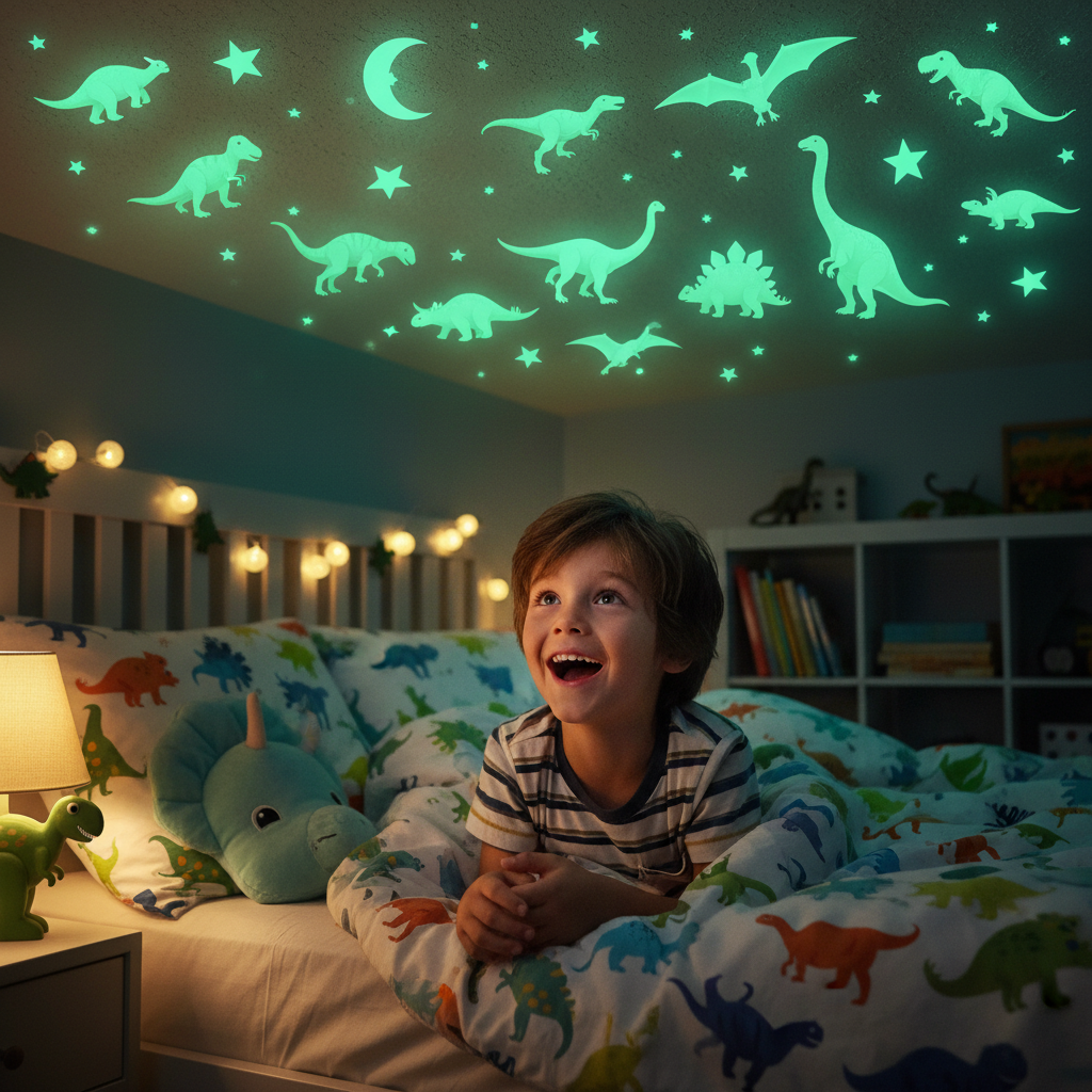 Young boy lying on bed looking up in wonder at glow in the dark dinosaur stickers glowing green on bedroom ceiling