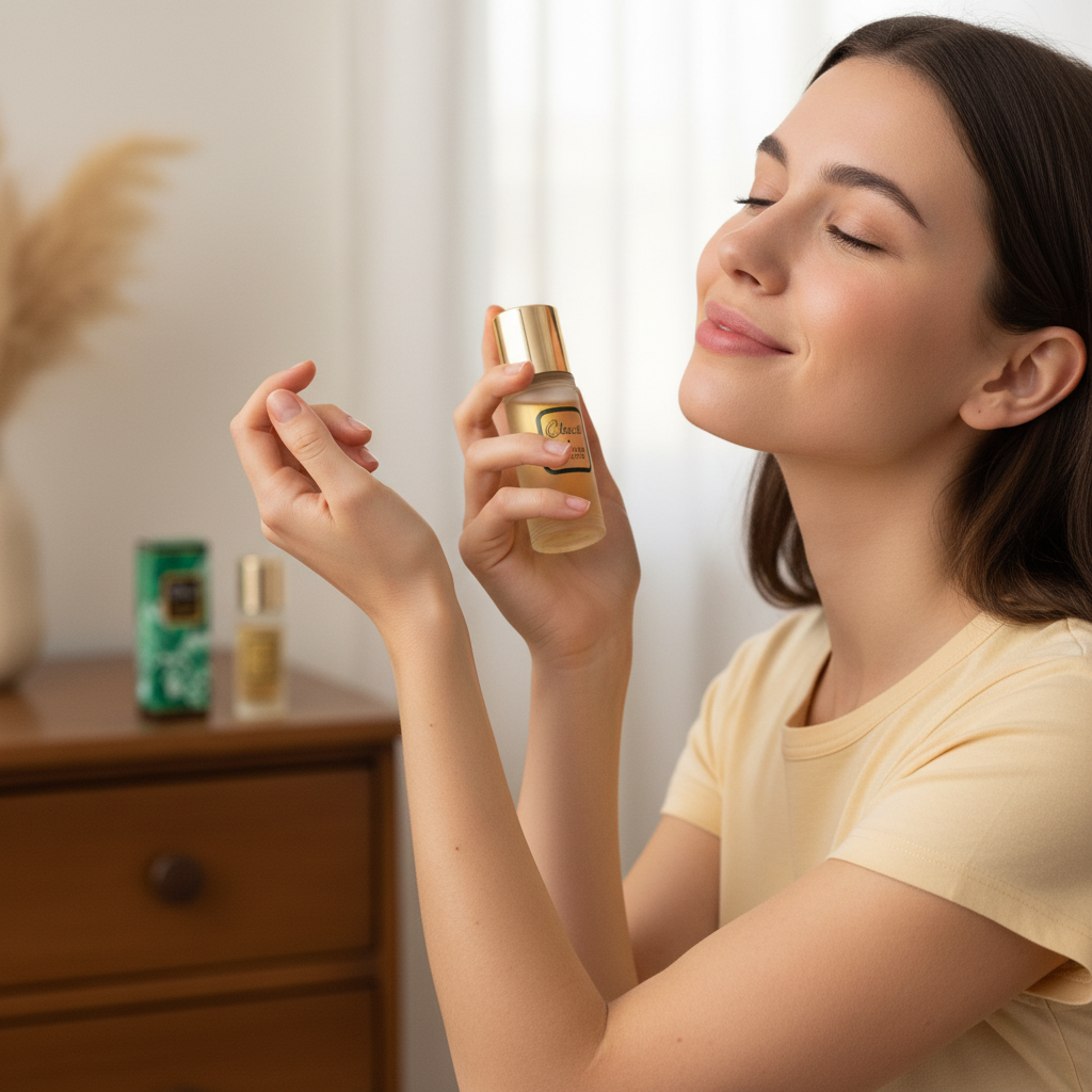 Woman applying Chacal Parfum De Toilette — candid lifestyle moment with pale golden bottle and metallic gold cap