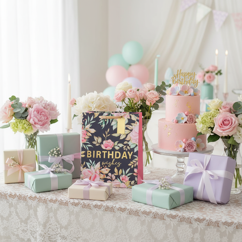Pink floral birthday gift bag styled on a party table with presents and birthday cake