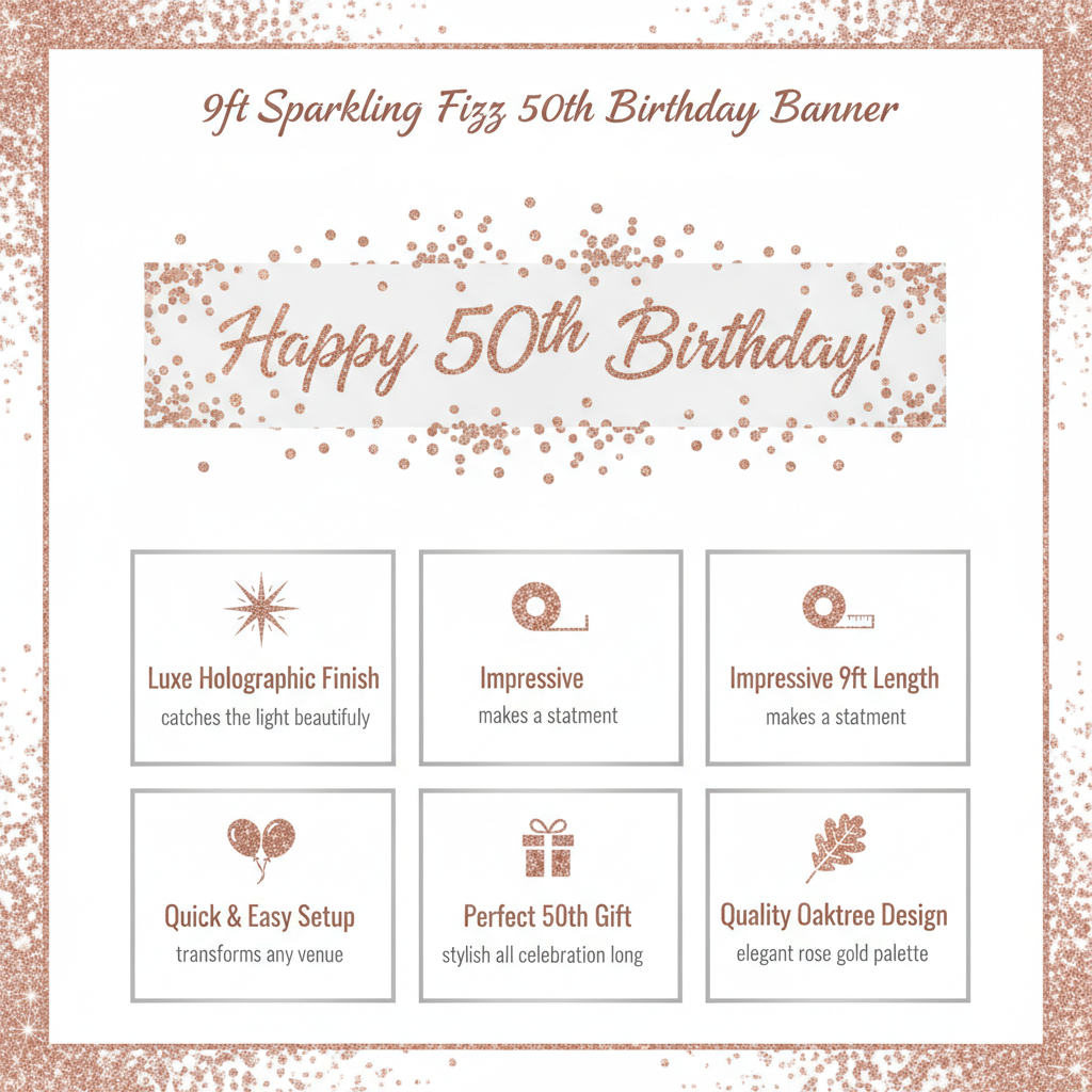 Infographic showing the 9ft Sparkling Fizz 50th Birthday Banner in rose gold holographic and white, highlighting key features: luxe holographic finish, impressive 9ft length, quick setup, quality Oaktree design, and elegant rose gold colour palette — perfect for 50th birthday party decorations.