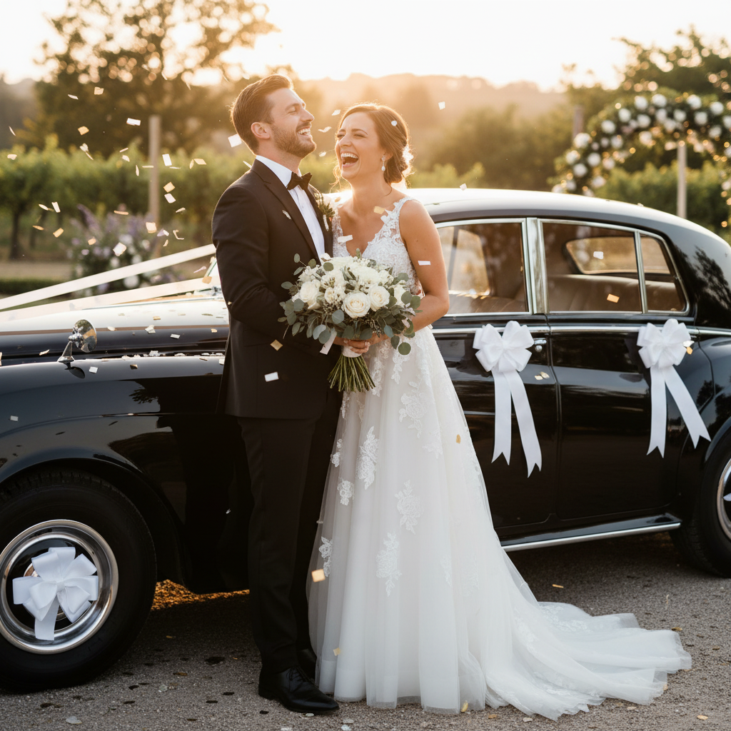 Bride and groom beside a black wedding car decorated with white ribbons and pull bows