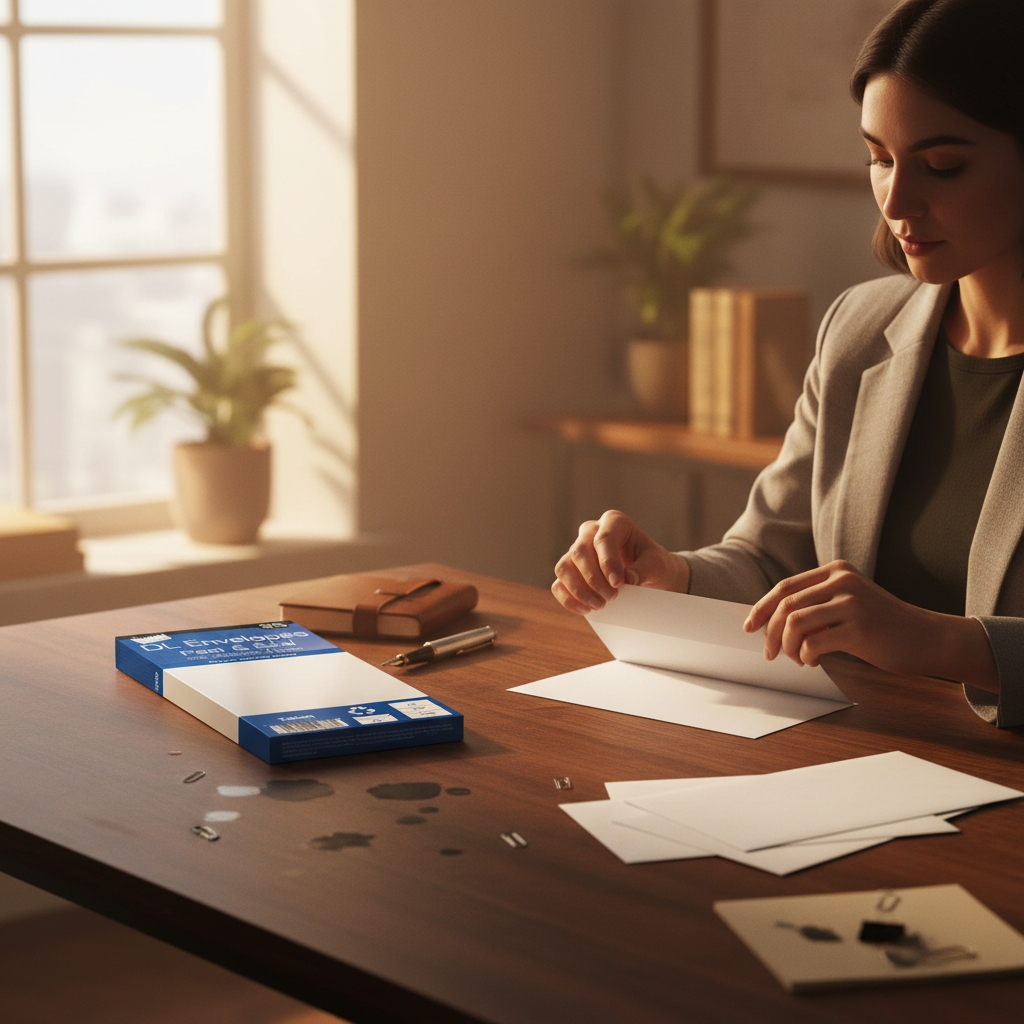Person sealing a white DL envelope at a warm home desk with golden hour light — Tallon Peel & Seal Envelopes lifestyle shot