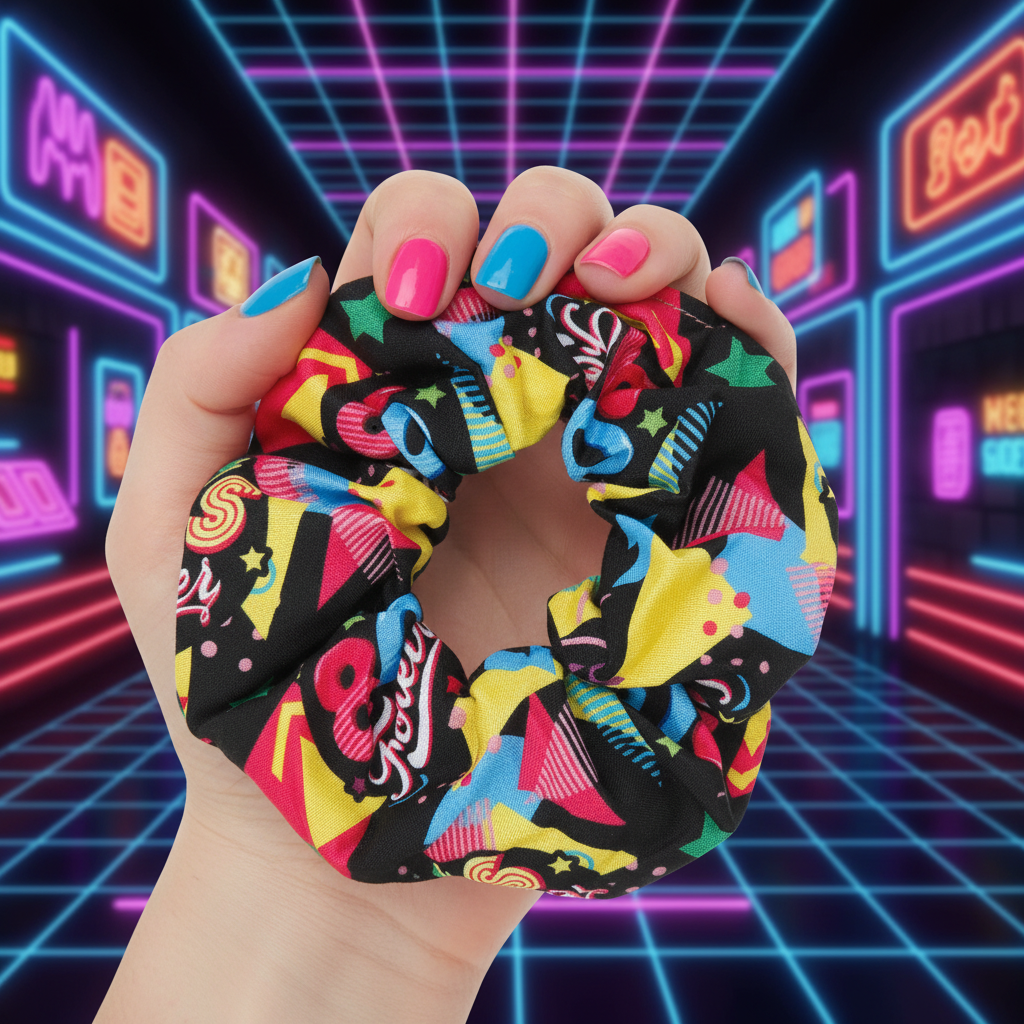 Close-up of the 80's Forever Multi-Coloured Hair Scrunchie held against a vibrant neon 80s themed background