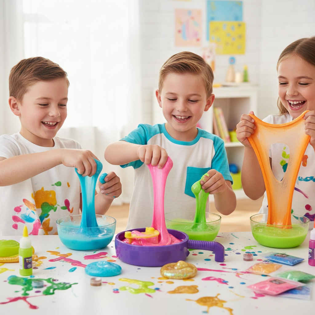 Happy children using MYO Slime Mixing Station creating colorful slime together
