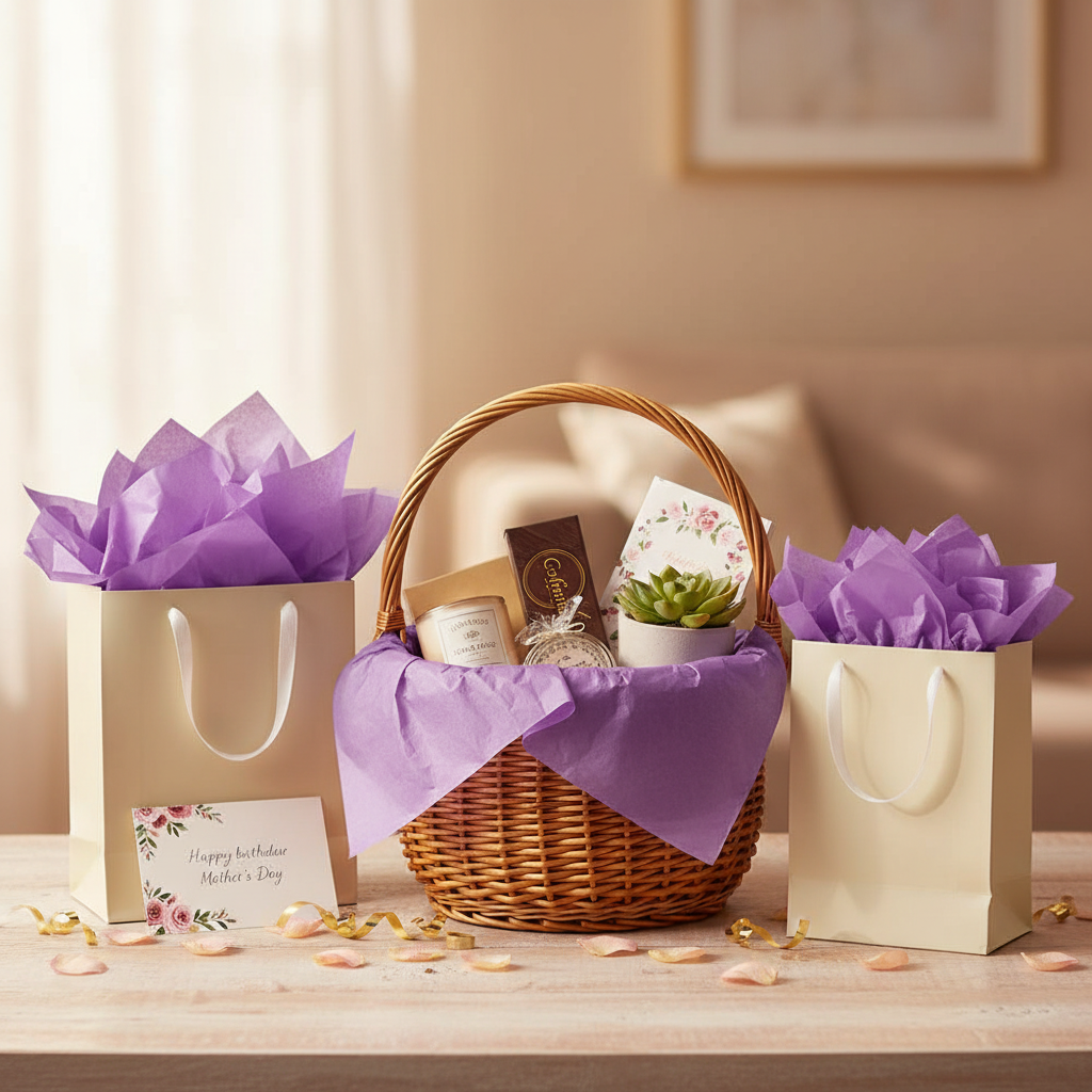 Finished gift hamper and bags beautifully decorated with purple tissue paper, ready to give