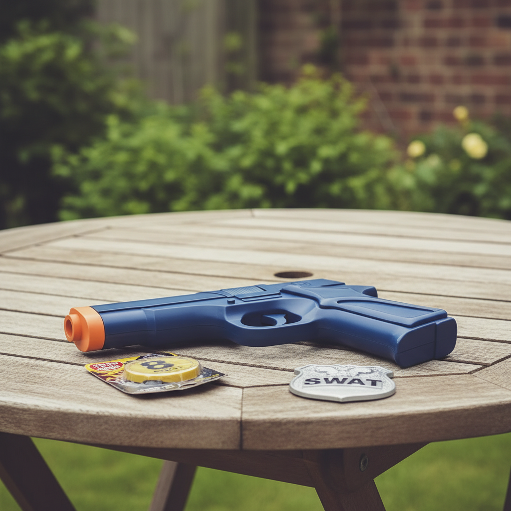 HTI Swat Mission navy blue cap revolver toy gun on wooden garden table with SWAT badge props, natural light