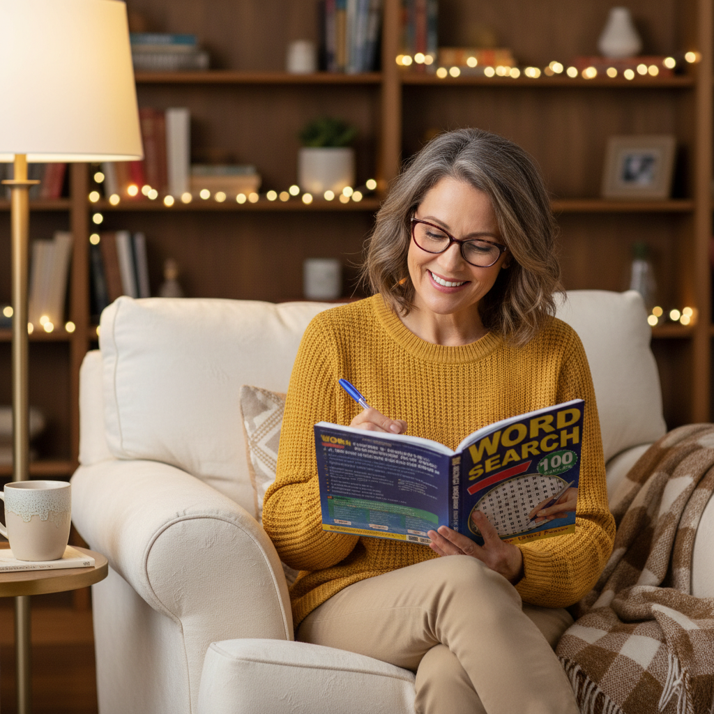 Woman relaxing at home enjoying a Brain Games Word Search puzzle book
