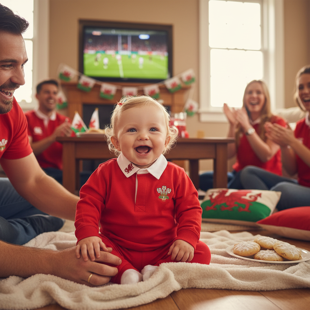 Baby wearing Welsh red rugby shirt at match day celebration