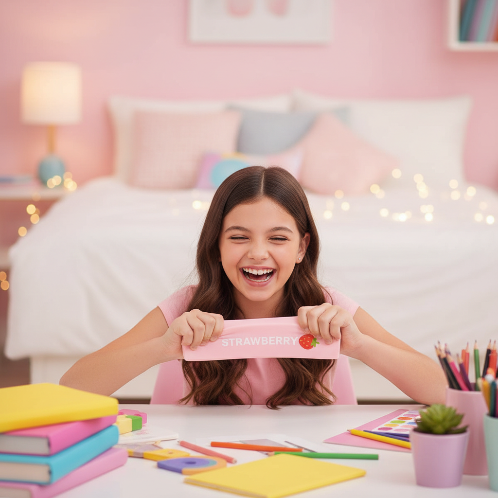 Happy girl squishing pink Squishy Strawberry Butter Sticks toy at her bedroom desk