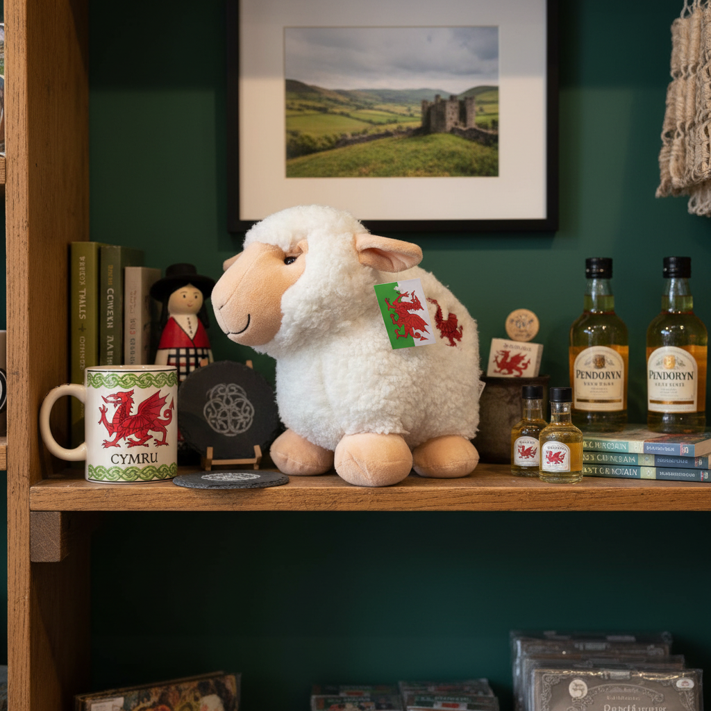 Sally the Sheep displayed with Welsh souvenirs - gift shop lifestyle scene