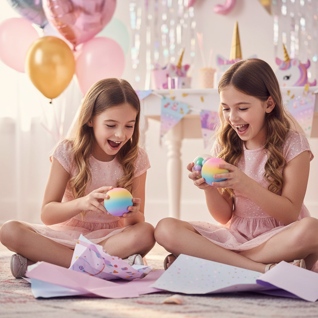 Two girls excitedly discovering Scrunchems Unicorn squish balls as a gift at unicorn birthday party