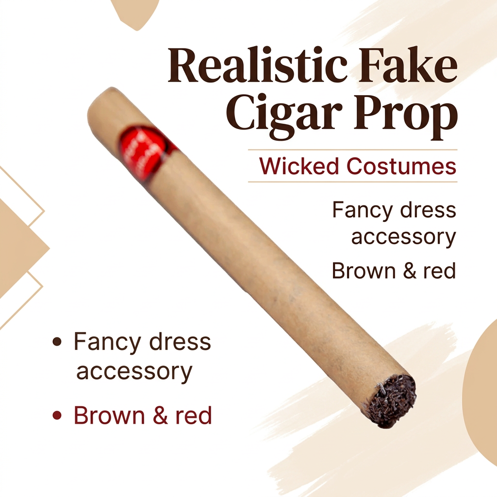 A realistic fake cigar prop displayed diagonally on a beige graphic background with text reading 'Realistic Fake Cigar Prop' and 'Wicked Costumes.' The product is a tan paper cigar with a red band and a dark textured tip.