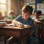 Boy squeezing Squishy Dumpling Toy at school desk with a cheeky grin