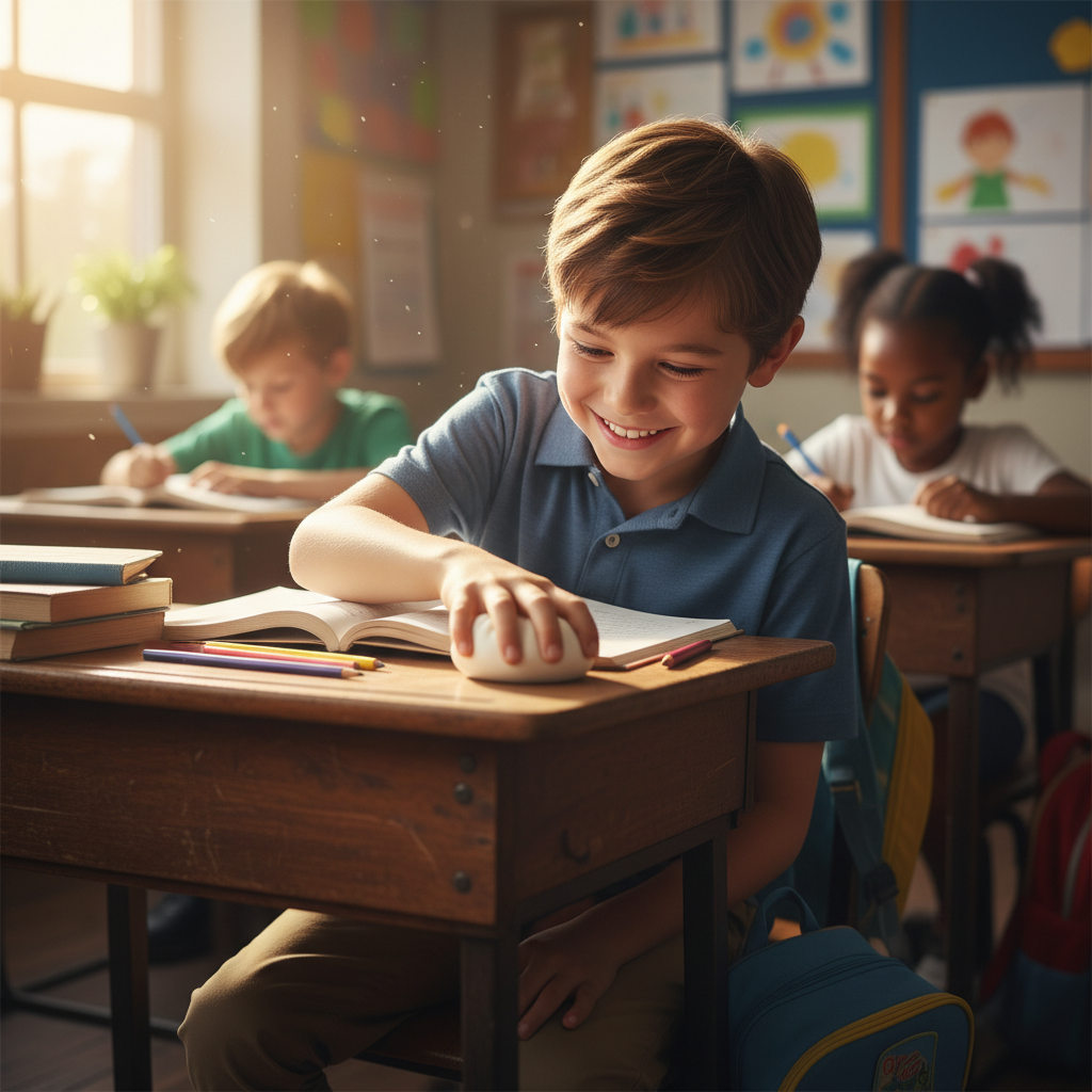 Boy squeezing Squishy Dumpling Toy at school desk with a cheeky grin