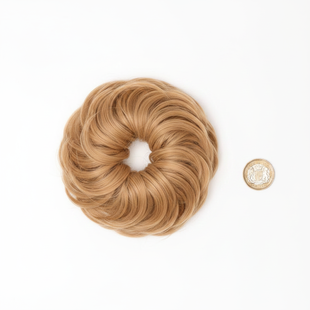 Flicky honey blonde wavy scrunchie hairpiece flat lay beside British £1 coin to show scale — white background overhead lighting