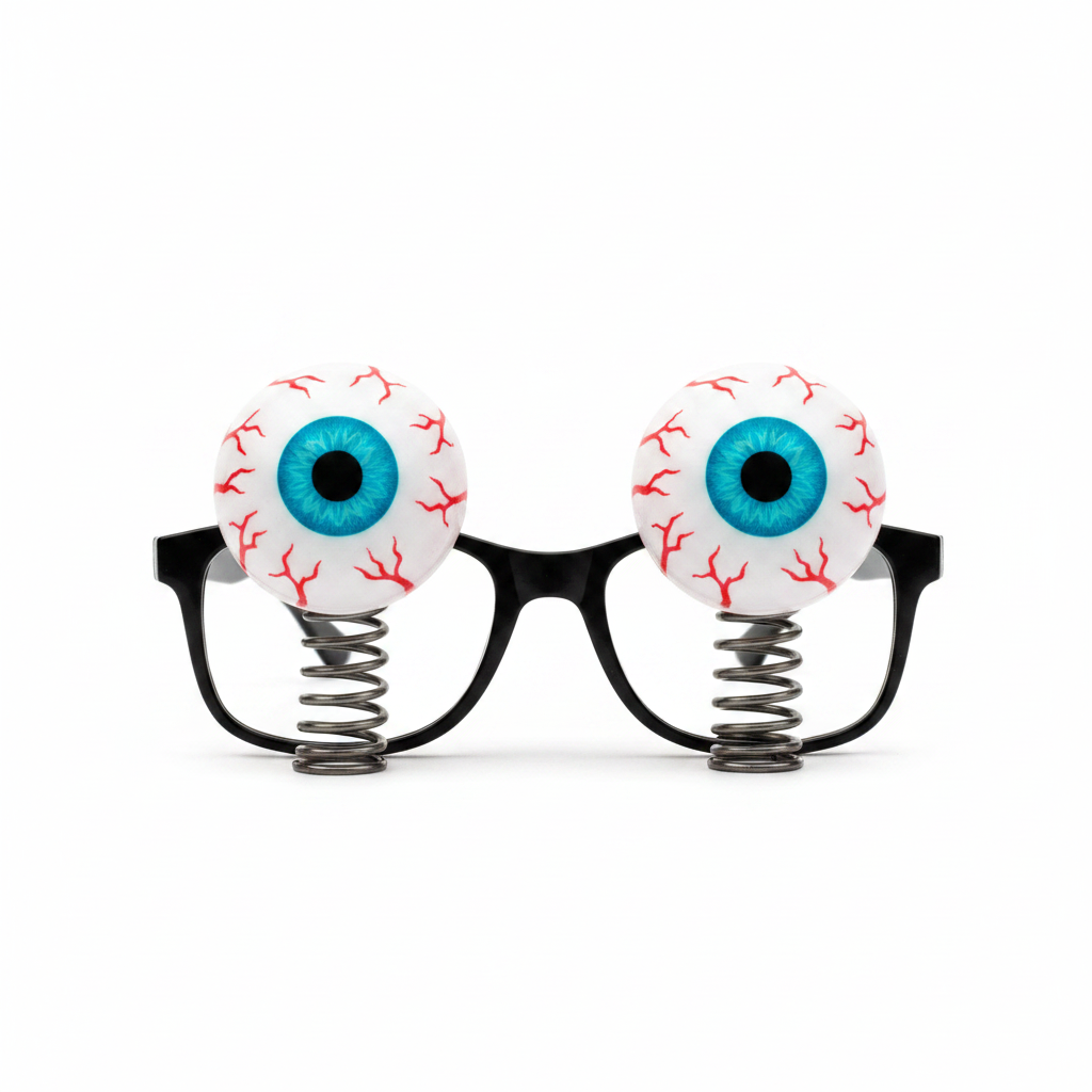 Joke pop-out eye glasses with black frames, dark grey coiled springs and bulging eyeballs with red veins and cyan blue iris on white background — Amazon eBay hero shot