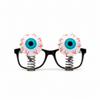 Joke pop-out eye glasses with black frames, dark grey coiled springs and bulging eyeballs with red veins and cyan blue iris on white background — Amazon eBay hero shot